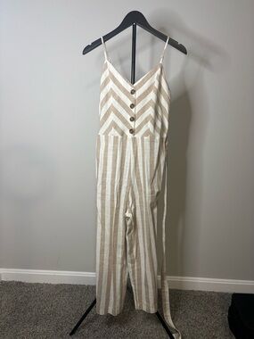 Kensie Beige & White Striped Button-Front Jumpsuit